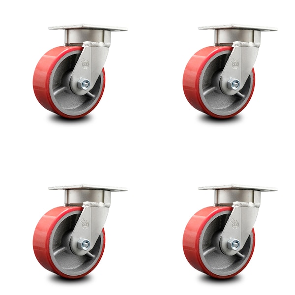 5 Inch Kingpinless Red Poly on Steel Wheel Swivel Top Plate Caster, 4PK